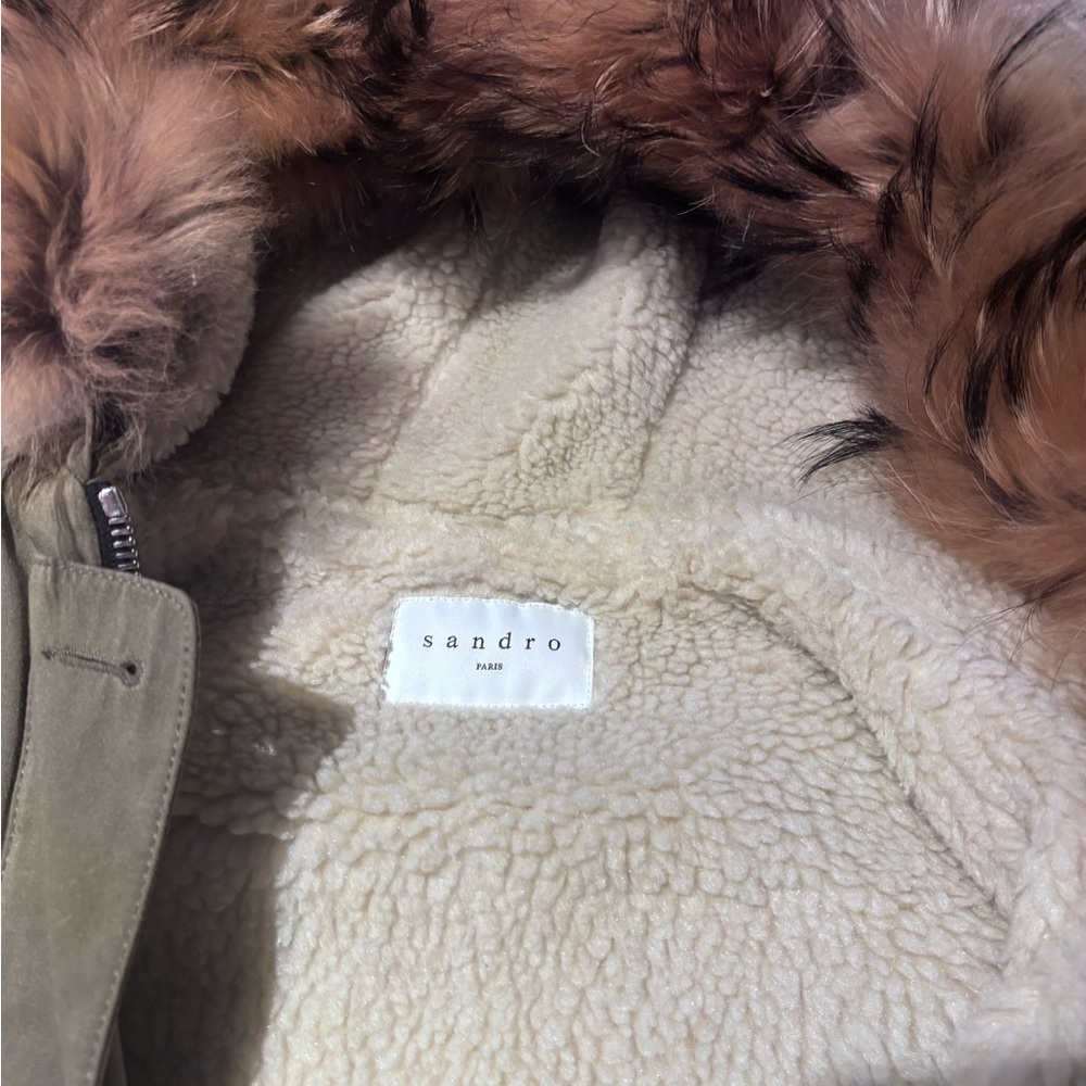Sandro Khaki Coat with Faux Fur Trim